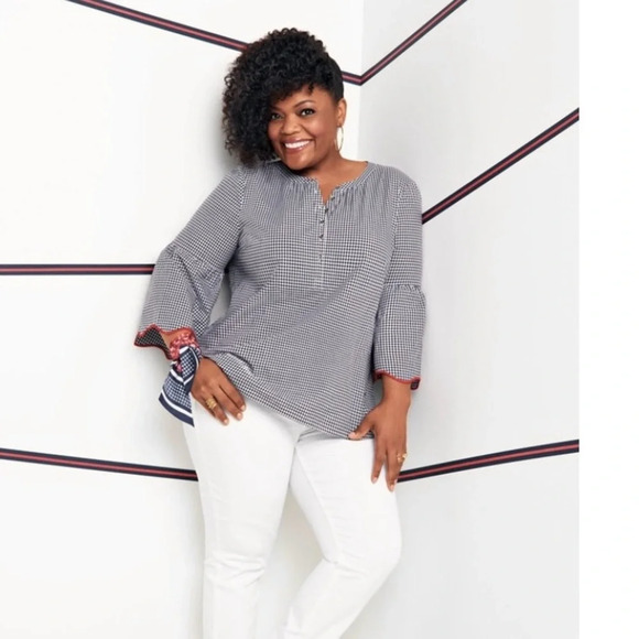 Talbots Women Plaid Gingham Blouse Large Black Casual Summer Cottagecore Boho - Picture 1 of 10